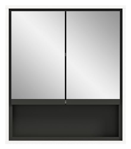 furnling Spiegelschrank Jari, Badezimmerschrank, Badschrank, mit 2 Spiegeltüren, offenes Fach, 2 Fächer innen, FSC Zertifiziert, Badezimmermöbel, Badmöbel, 60 x 69 x 16 cm, weiß