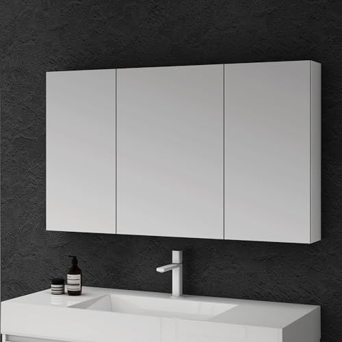 doporro Spiegelschrank Wandschrank mit Spiegel in matt weiß 100x70 cm Hängeschrank Aufbewahrungsschrank für Badezimmer 3 Türen mit verstellbarem Regalbrett Spiegelschrank 02