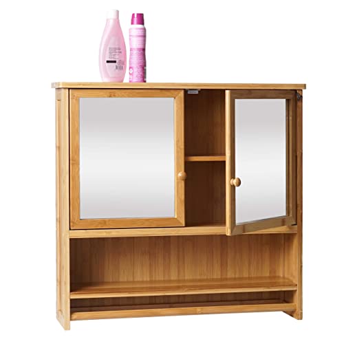 Mendler Spiegelschrank HWC-B18, Badspiegelschrank Hängeschrank, 3 Regalböden 2 Türen Spiegel Bambus 62x66x15cm