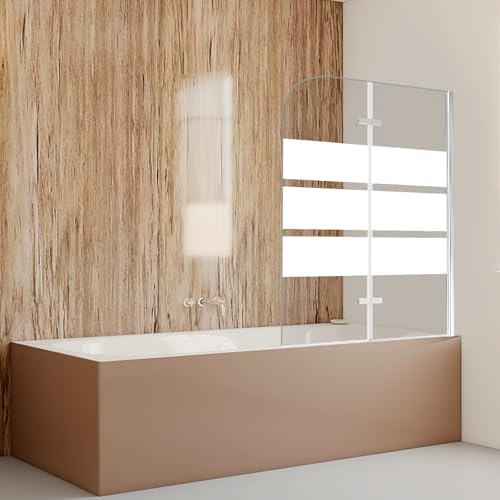 Daromigo Duschwand für Badewanne, 100x140cm 2-Teilig Faltbar Duschwand Badewanne,mit 6mm ESG Sicherheitsglas,Badewanne Duschwand Weiße Streifen,Glas Badewannenwand mit Badewannenaufsatz