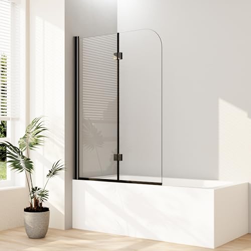 Boromal Duschwand für badewanne Schwarz, 110x140cm 2-teilig Faltwand für Badewanne, Glas Duschwand Badewannenaufsatz Duschtrennwand Duschabtrennung mit 6mm Nano Glas, Matt Schwarz