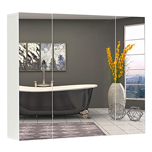 DICTAC Weiß 70x60x15cm Spiegelschrank Bad mit Verstellbarem Regal, 3-Türiger, Schminkspiegel mit Schrank...