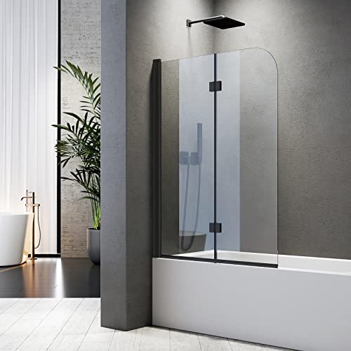 BD-Baode Duschwand für Badewanne Faltbar 110 x 140 cm 2 teilig Faltbar mit 6mm Sicherheitsglas NANO Beschichtung Faltwand,Schwarz Aluminiumrahmen, Leicht zu Reinigen