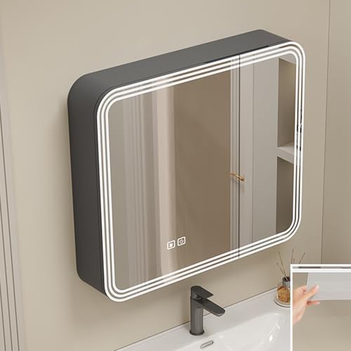 SFJATTA Badspiegel mit Beleuchtung und ablage, mit LED-Beleuchtung und Spiegel, Bathroom Mirror Cabinet with Anti-Fog Lighting, Bathroom Cabinet with HD Mirror, Time(Light gray,70 * 70cm)