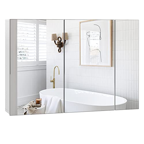 FOREHILL großer Spiegelschrank Bad mit 3 Türen Badezimmerschrank mit Spiegel und 2 verstellbaren Ablagen, weiß, 87,5x60x15,5cm
