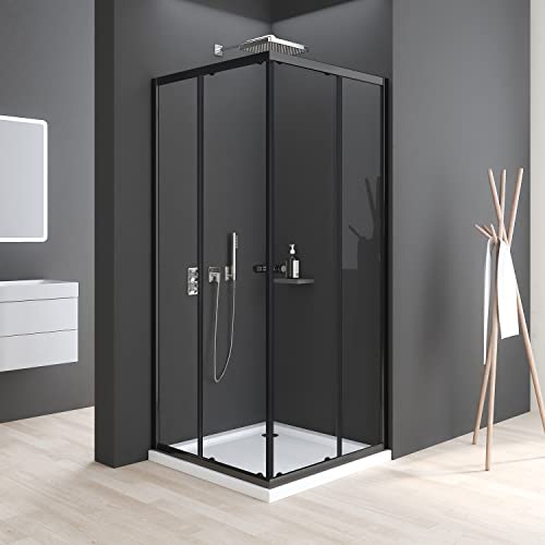 Boromal Duschkabine 75x90cm Eckeinstieg Schwarz mit Schiebetüren Duschkabine Schiebetür 5mm ESG Glas Duschabtrennung Dusche Duschwand Höhe 185cm ohne Duschtasse