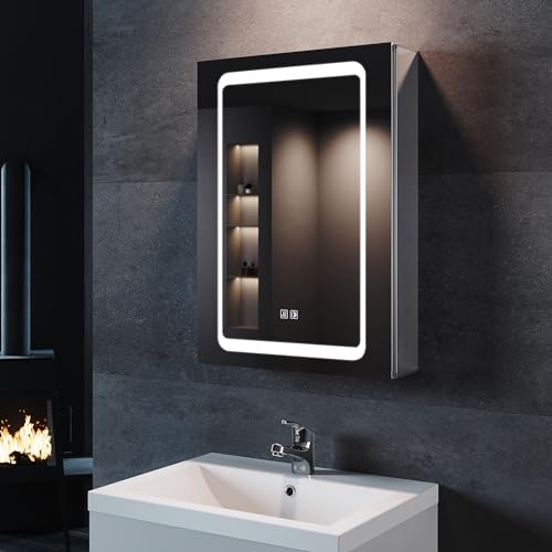 SONNI LED Spiegelschrank mit Beleuchtung 50 × 70cm Aluminium beschlagfrei Kabelloses Scharnier Design, Badezimmerschrank mit Spiegel und Steckdose für Badezimmer IP44 wasserciht