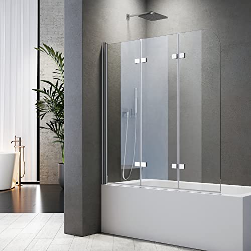 Duschwand für Badewanne Faltbar 130 x 140 cm 3 teilig faltbar 6 mm Sicherheitsglas (ESG) Klar hell Profilfarbe Chromoptik Duschabtrennung für Badewanne
