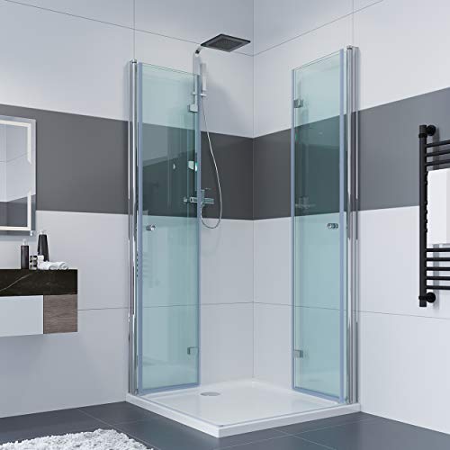IMPTS 90 x 90 x 185 cm Duschkabine Eckeinstieg Doppel Falttüren 180º Eckig Dusche Duschwand Duschabtrennung, aus Glas