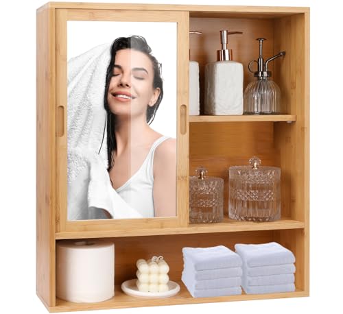 Bambus-Badezimmerschrank, Medizinschrankspiegel, Badezimmerschrank, Wandmontage, Kosmetikspiegel mit Aufbewahrung, Medizinschrank mit Spiegel, über der Toilette, Spiegelschrank mit 2 Schiebetüren