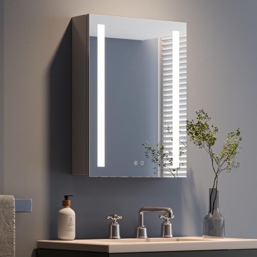 Dripex Spiegelschrank Bad mit Beleuchtung Grau, Glasablage und Steckdose, Badezimmerschrank mit Spiegel, Dimmbar， 3 Lichtfarbe Einstellbar, Rechtstürige Spiegelschrank, Beschlagfrei 45 x 60 cm