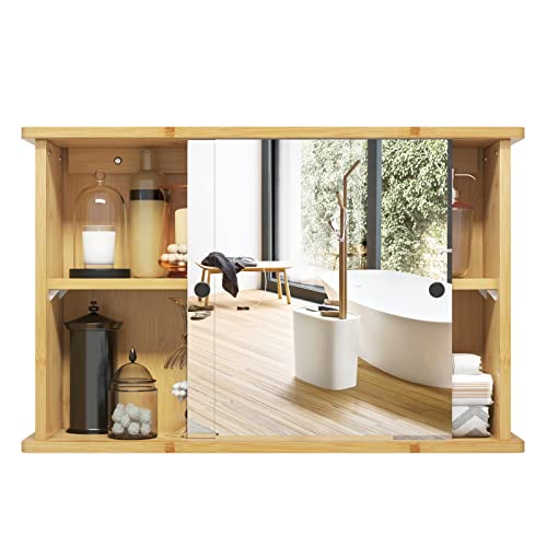 EUGAD Spiegelschrank für Bad, Badezimmerschrank mit Spiegeln, hängender Badschrank mit Schiebetüren, Hängeschrank für Badezimmer, mit Verstellbarer Ablage, aus Bambus, 55x35,5x14 cm