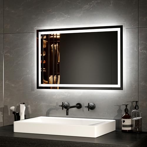 EMKE Badspiegel mit Beleuchtung 40x60cm LED Badspiegel Antibeschlag Kaltweiß Warmweiß Lichtspiegel, badezimmerspiegel mit Taste Schalter Hochwertiger Aluminiumrahmen IP44 Energiesparend