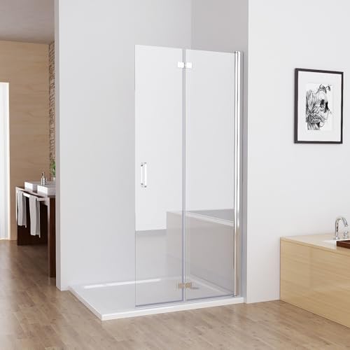 MIQU Nischentür 90 x 195 cm Walk in Duschabtrennung Faltbar Duschwand für Dusche Pendeltür Falttür Duschtür aus NANO ESG Glas Rahmenlos duschtrennwand ohne Duschwanne