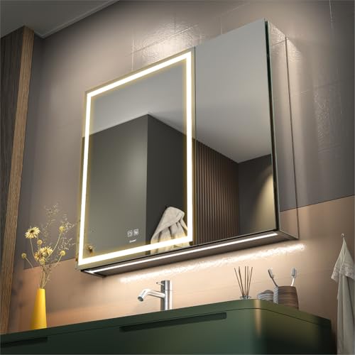GANPE LED Beleuchtetes Badezimmer Medizin Spiegel Schrank mit Doppelter Tür, Defog, Stufenloses Dimmen, Speicher 3-Farben Modus, Speicher Regale, Steckdosen & USBs (70 x 75 cm)