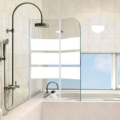 Jayseuw Duschwand für Badewanne 100x140cm, 2-Teilig Faltbar Duschwand Badewanne,mit 6mm ESG Sicherheitsglas,Badewanne Duschwand weiße Streifen,Glas Badewannenwand mit Badewannenaufsatz