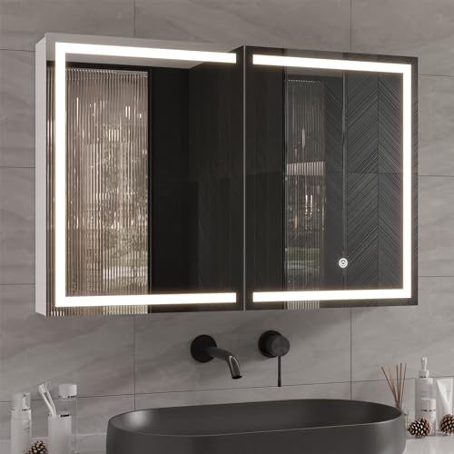 DICTAC Spiegelschrank Bad mit LED Beleuchtung und Steckdose 90x60x13.5 cm Metall Badezimmer Spiegelschrank mit licht Doppeltür Badschrank mit Spiegel und Ablage,3 Farbtemperatur dimmbare,Weiß