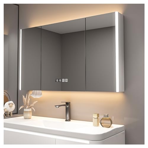 Spiegelschrank Bad mit LED Beleuchtung，Spiegelschrank Badezimmerschrank mit 3 Spielgeltüren Aufbewahrungsschrank Wandschrank Medizinschrank Hängeschrank for Badezimmer(Color:A2,Size:W120*H70cm/W47.2*H