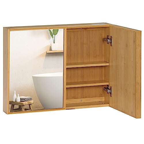 kleankin Spiegelschrank, Wandschrank mit 3 Innenböden, Badspiegelschrank mit Doppeltür, Hängeschrank für Badezimmer, Schlafzimmer, Bambus, Natur, 65,2 x 14 x 50 cm