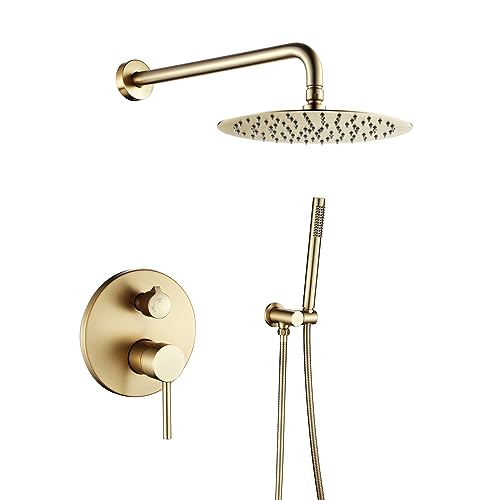 Duschsystem Unterputz Gebürstetes Gold Duschset Dual Funktionen Duscharmatur Set Mit Regendusche, Handbrause, 25X25cm Runder Regenduschkopf, Messingkörper, Wandmontage