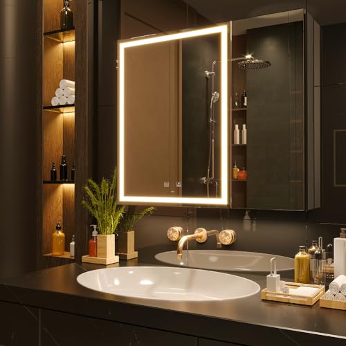 KWW 75 x 70 cm Doppeltüren LED Beleuchtetes Badezimmer Medizin Kabinett mit Spiegel, Farbtemperatur Einstellbar, Anti-Nebel Dimmbare Lichter, Steckdosen für USBs