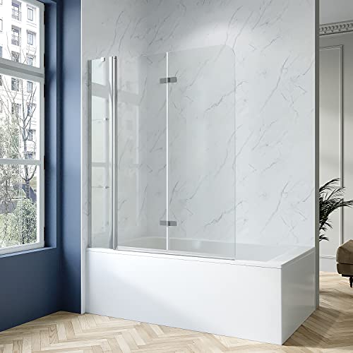 Badewannenaufsatz 3 Teilig faltbar 130 x 120 cm Faltwand Glas für Badewanne Duschtrennwand klappbar mit Festteil und Eckregale Eckablage ESG Echtglas klar 5 mm mit NANO-Beschichtung | AQUABATOS