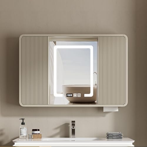 SFJATTA Badezimmerschrank Hängend, badspiegel mit Beleuchtung und ablage, Mehrzweck-Küchen-Medizin-Aufbewahrungsorganisator mit Spiegel, Anti-Fog Smart Bathroom Mirror Cabinet(Champagne,90 * 70cm)