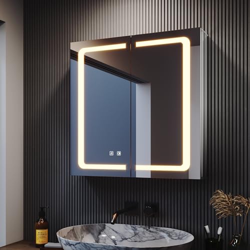 SONNI LED Spiegelschrank 65 × 65cm beschlagfrei Spiegelschrank mit Beleuchtung mit Steckdose Aluminum Badezimmerschrank mit Spiegel mit Touchschalter