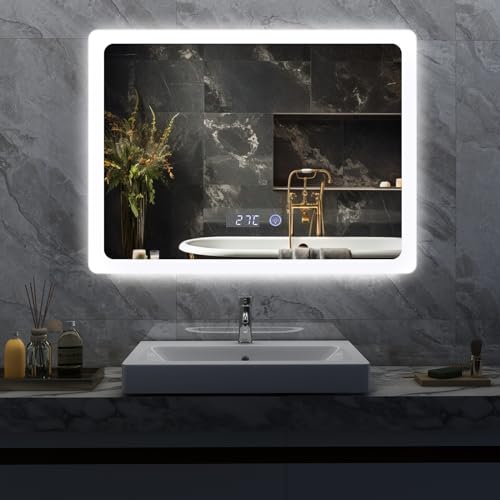 YU YUSING Badspiegel LED 80x60cm Badezimmerspiegel mit Beleuchtung Wandspiegel mit Touch-Schalter Spiegel Badezimmer Anti-Beschlag Timer-funcktion Kaltweiß IP44