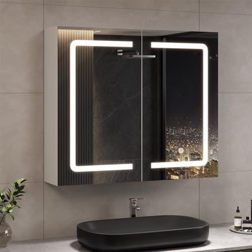 DICTAC Badezimmer Spiegelschrank mit Beleuchtung und Steckdose Doppeltür spiegelschrank Bad 70x16x60cm Badschrank mit Spiegel,Hängeschrank,Badspiegel,3 Farbtemperatur dimmbare,Weiß