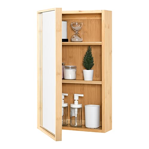 [en.casa] Spiegelschrank Ikorfat 60,5 x 35 x 14 cm Badspiegel Hängeschrank mit Spiegeltür Bambus Natur