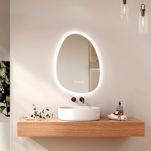 EMKE Badezimmerspiegel, 75 x 55 cm, Anti-Beschlagspiegel, Touch-Schalter, 3 Lichtfarben, dimmbar, Badezimmerspiegel mit Beleuchtung