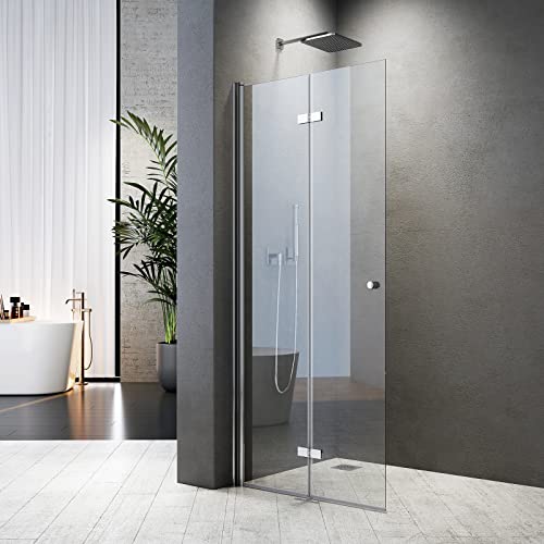 Duschabtrennung faltbar 80cm Walk-in Dusche Duschwand Glas Falttür für Duschwanne Faltwand Drehfalttür Faltdusche Glaswand Duschfaltwand Sicherheitsglas 5 mm klar | Öffnungsseite OHNE Wandprofil