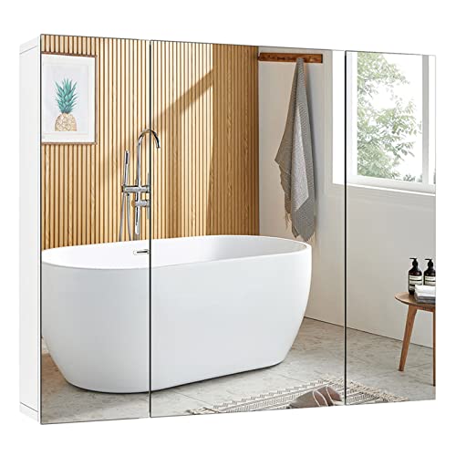 FOREHILL Spiegelschrank Bad mit 3 Türen Badezimmerschrank mit Spiegel Hängeschrank für Badezimmer aus Holz, 70x15x60cm weiß