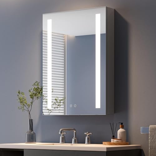 Dripex Spiegelschrank Bad mit Beleuchtung Grau, Steckdose und Glasablage, Badezimmerschrank mit Spiegel, 3 Lichtfarbe Einstellbar, Dimmbar, Linkstürige Spiegelschrank, Beschlagfrei 60 x 80 cm