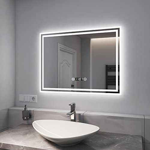 EMKE LED Badspiegel 80x60cm Wandspiegel Beleuchtung Badezimmerspiegel mit Touch-Schalter, Digitaluhr und...