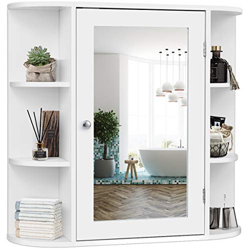 GOPLUS Spiegelschrank Holz mit Ablagen, Badschrank mit Spiegel, Hängeschrank Wandschrank Bad, 66 x 17 x 63 cm(Weiß)