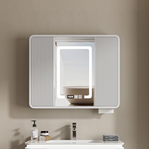 SFJATTA Badezimmerschrank Hängend, badspiegel mit Beleuchtung und ablage, Mehrzweck-Küchen-Medizin-Aufbewahrungsorganisator mit Spiegel, Anti-Fog Smart Bathroom Mirror Cabinet(Creamy white,70 * 70cm)