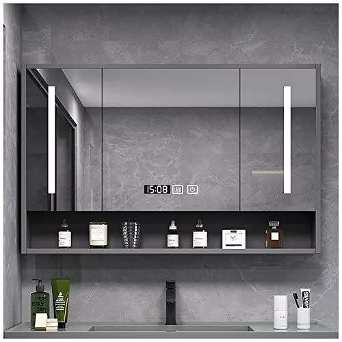 Badezimmer-Medizinschrank mit Spiegel und Lichtern, grau, Aufbewahrungs-Organizer mit Defogger, rechteckig, beleuchtet für Badezimmer