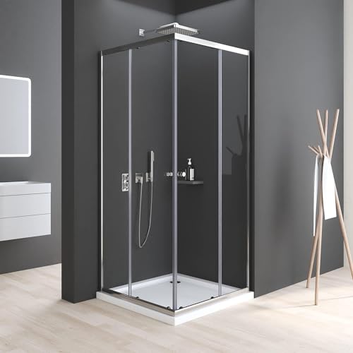 Boromal Duschkabine 90x90cm Eckeinstieg mit Schiebetüren 5mm ESG Glas Duschkabine Eckeinstieg Schiebetür Duschabtrennung Dusche Duschwand Höhe 185cm ohne Duschtasse