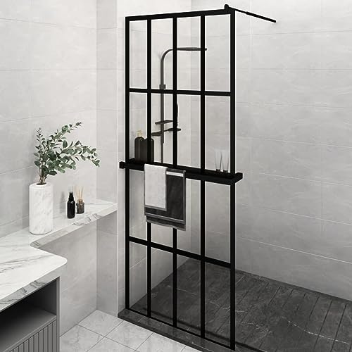 Home Items, begehbare Duschwand mit Ablage, schwarz, 80 x 195 cm, ESG-Glas und Aluminium, Anzugmöbel