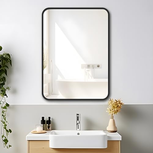 MIQU Badezimmerspiegel 70x50 cm Wandspiegel Groß Badspiegel ohne Beleuchtung Rechteckig mit Schwarz Metall Rahmen Dekorative Spiegel für Badezimmer, Wohnzimmer, WC, Flur K