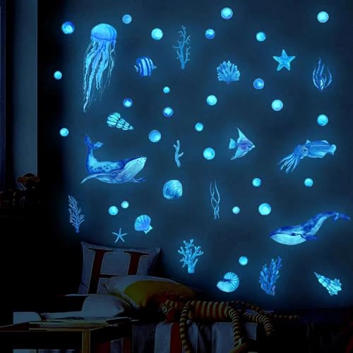 Ozean Meerestiere Leuchtender Wandaufkleber, Meerestiere Leuchtaufkleber Wandtattoo Unterwasserwelt, Leuchtsticker Kinderzimmer, Leuchtende Wandsticker, Ozean Fluoreszierend Wandaufkleber Leuchtend