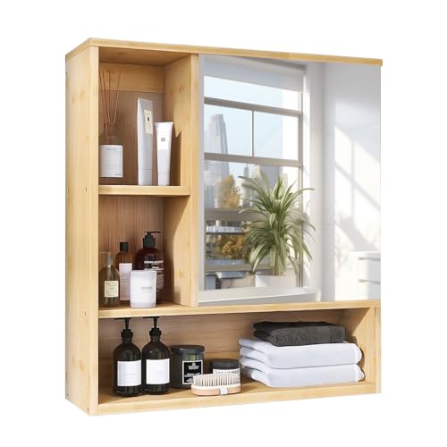 unho Spiegelschrank Bad mit Tür, Badezimmerschrank mit Spiegel, Badschrank Hängeschrank Wandschrank mit 4 Ablagen, platzsparender Medizinschrank Bambus, 55,5 x 16 x 61 cm