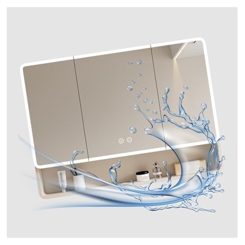 ZHENGQIAN Spiegelschrank Bad mit Beleuchtung,Doppeltür Badschrank,Wandmontierter Badspiegelschrank,mit LED und Steckdose,mit Intelligenter Antibeschlag/Touchschalter(1-L90xW88CM/L35.4xW34.6IN)