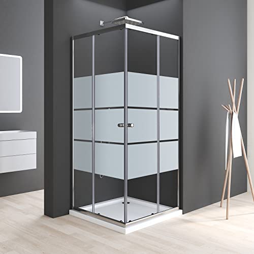 Boromal Duschkabine Schiebetür, Duschkabine 90x90cm Milchglas Eckeinstieg Duschkabine Duschabtrennung 5mm ESG Milchglas Streifen Duschwand Höhe 185cm