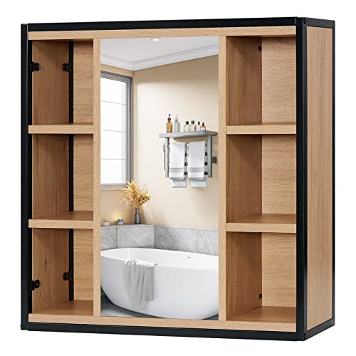 EUGAD Spiegelschrank Bad, Badezimmerschrank mit Spiegel, Schrank mit Badezimmerspiegel, Hängeschrank Badezimmer, mit verstellbaren Ablagen, aus Metall Holzwerkstoff, 60 x 58 x 16 cm