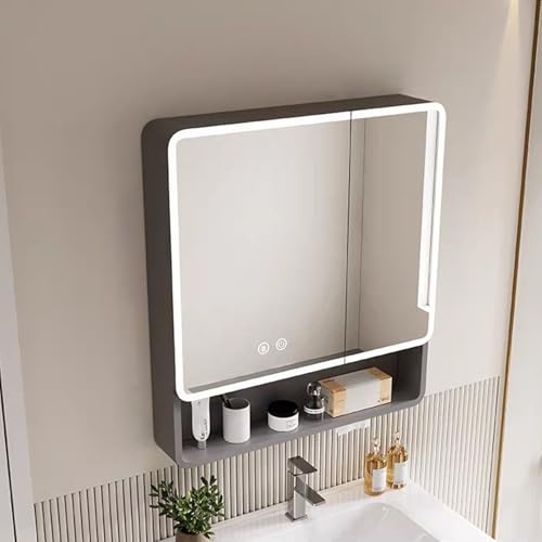 SFJATTA Bathroom cabinet with mirror, mit LED-Beleuchtung und Spiegel, Badezimmer-Spiegelschrank mit Beleuchtung und Antibeschlag-Aufbewahrungs-Organizer(Light grey,70 * 70cm)