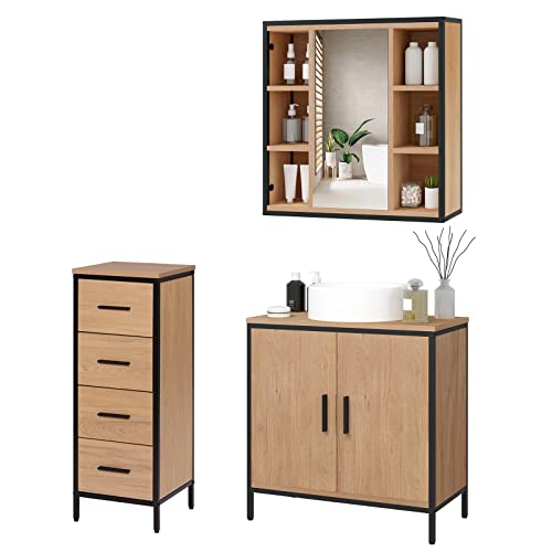 EUGAD Badezimmer Badmöbel Set Waschbeckenunterschrank Unterschrank Badezimmerschrank mit Spiegelschrank Hängeschrank für Bad Kommode mit 4 Schubladen Metall + Holz Model 8