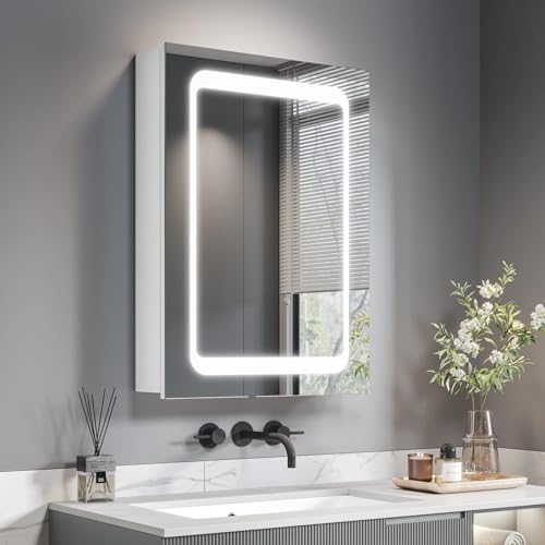 Dripex Spiegelschrank Bad mit Beleuchtung, Badezimmerschrank mit Spiegel, Steckdose und Glasablage, Sensor-Schalter, Beschlagfrei 50 x 70 cm Weiß